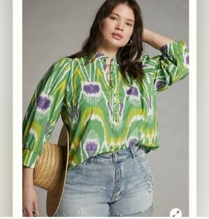Anthropologie Green And Purple Abstract Blouse Size S